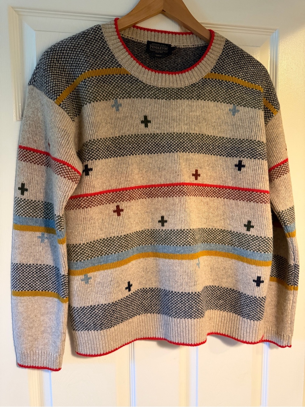 Women’s Pendleton Lambs Wool-Blend Cream, Navy & Red Crewneck Sweater Small NWOT